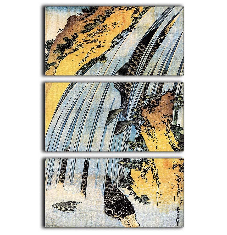 Three-panel canvas print featuring Hokusai's Carps Ascending Waterfall, showcasing vibrant colors and intricate details.